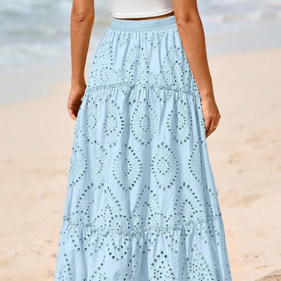 Light Blue Boho Women's Elastic High Waist Tiered A-Line Flowy Maxi Skirt - Picture 2 of 5